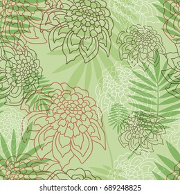 Tropical. Floral seamless pattern with green palm leaves and flowers silhouettes. Flower vector background. 