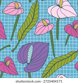 Tropical floral seamless pattern with hand-drawn anthurium flowers and green leaves on light blue irregular grid background, playful modern botanical design for packaging, textiles, summer projects