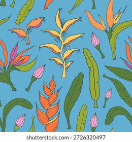 Padrão tropical floral sem emenda com flores heliconianas desenhadas à mão e folhas de banana sobre fundo azul. Design exótico brincalhão para embalagens, têxteis, papel de embalagem, marca de verão, tecido, etc.