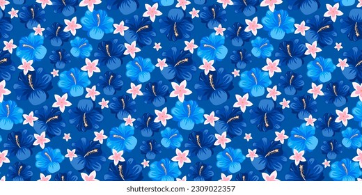 Tropical floral seamless pattern with  hibiscus, frangipani and blue background illustration. Hawaii style fabric print design