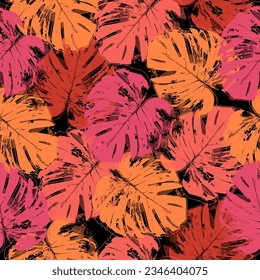 Tropical floral seamless pattern with hibiscus flowers in magenta, pink and orange colors. Pattern with monstera leaves. 