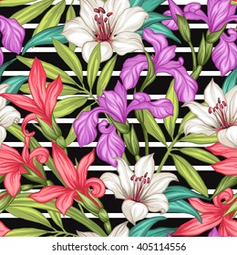 Tropical floral seamless pattern. Hibiscus and palm leaves on geometric background