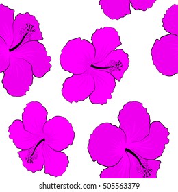 Tropical floral seamless pattern with hibiscus flowers in magenta colors. Floral vector on a white background.