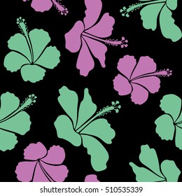 Tropical floral seamless pattern with hibiscus flowers in green, violet and beige colors. Floral vector on a black background.
