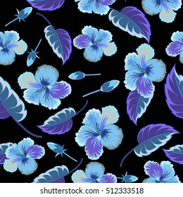 Tropical floral seamless pattern with hibiscus flowers in blue colors. Floral vector on a black background.