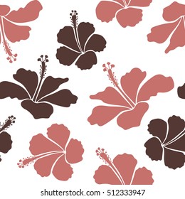 Tropical floral seamless pattern with hibiscus flowers in red colors. Floral vector on a white background.