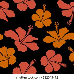 Tropical floral seamless pattern with hibiscus flowers in red and yellow colors. Floral vector on a black background.
