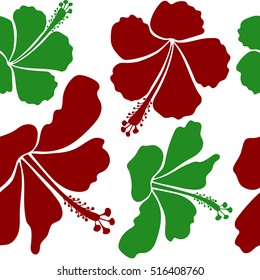 Tropical floral seamless pattern with hibiscus flowers in green and red colors. Floral vector on a white background.