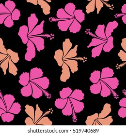 Tropical floral seamless pattern with hibiscus flowers in pink and neutral colors. Floral vector on a black background.
