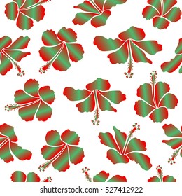 Tropical floral seamless pattern with hibiscus flowers in red and green colors. Floral vector on a white background.