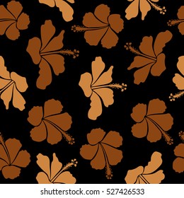 Tropical floral seamless pattern with hibiscus flowers in orange and brown colors. Floral vector on a black background.