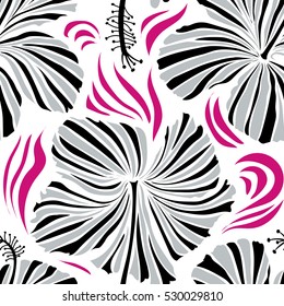 Tropical floral seamless pattern with hibiscus flowers in black and gray colors. Floral vector on a white background.