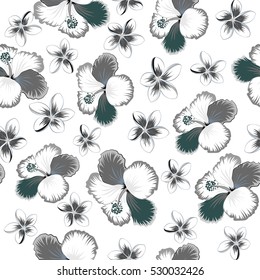 Tropical floral seamless pattern with hibiscus flowers in gray, neutral and white colors. Floral vector on a white background.