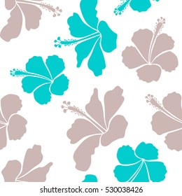 Tropical floral seamless pattern with hibiscus flowers in blue and violet colors. Floral vector on a white background.