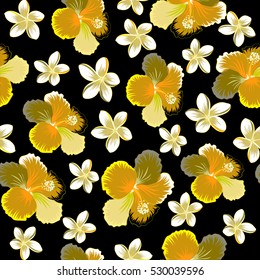 Tropical floral seamless pattern with hibiscus flowers in neutral, brown and yellow colors. Floral vector on a black background.