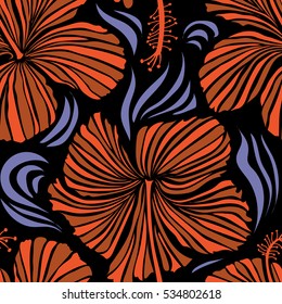 Tropical floral seamless pattern with hibiscus flowers in orange colors. Floral vector on a black background.