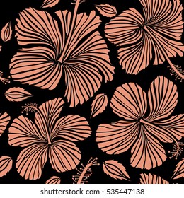 Tropical floral seamless pattern with hibiscus flowers in neutral colors. Floral vector on a black background.