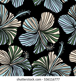 Tropical floral seamless pattern with hibiscus flowers in neutral, beige and green colors. Floral vector on a black background.