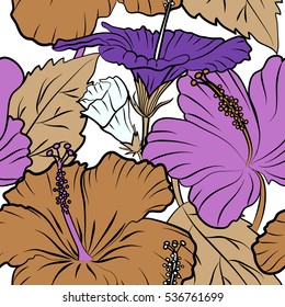 Tropical floral seamless pattern with hibiscus flowers in beige and violet colors. Floral vector on a white background.