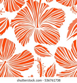 Tropical floral seamless pattern with hibiscus flowers in white and orange colors. Floral vector on a white background.
