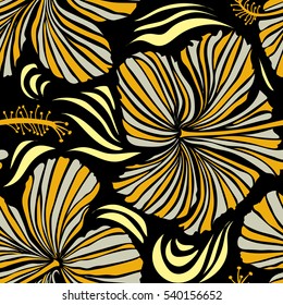 Tropical floral seamless pattern with hibiscus flowers in neutral and yellow colors. Floral vector on a black background.