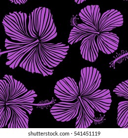 Tropical floral seamless pattern with hibiscus flowers in violet colors. Floral vector on a black background.