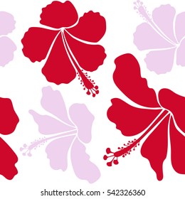 Tropical floral seamless pattern with hibiscus flowers in neutral and red colors. Floral vector on a white background.