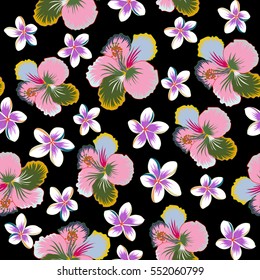 Tropical floral seamless pattern with hibiscus flowers in yellow, violet and orange colors. Floral vector on a black background.