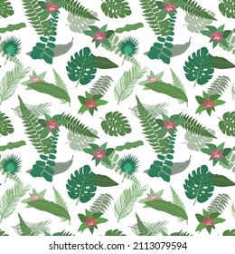 Tropical floral seamless pattern with jungle plants, flowers, palm leaves. Rainforest Hawaiian wallpaper. Summer vector illustration.