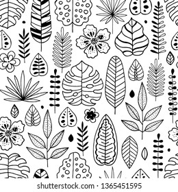 Tropical floral seamless pattern. Linear graphic. Tropical background. Scandinavian style. Vector illustration