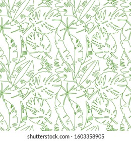 Tropical floral seamless pattern. . Linear graphic. White background. Vector illustration for fabric design, packaging, cards, banners greeting cards