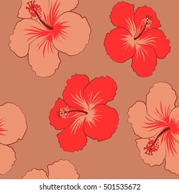 Tropical floral seamless pattern with multicolor hibiscus flowers. Floral vector on a red background.