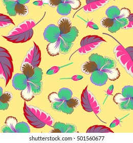 Tropical floral seamless pattern with multicolor hibiscus flowers, buds and leaves. Floral vector on a yellow background.