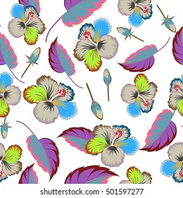Tropical floral seamless pattern with multicolor hibiscus flowers, buds and leaves. Floral vector on a white background.