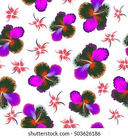 Tropical floral seamless pattern with multicolor plumeria and hibiscus flowers. Floral vector on a white background.