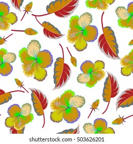 Tropical floral seamless pattern with multicolor hibiscus flowers.