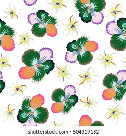 Tropical floral seamless pattern with multicolor plumeria and hibiscus flowers. Floral vector on a white background.