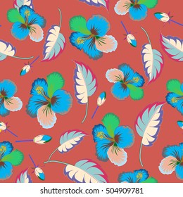 Tropical floral seamless pattern with multicolor hibiscus flowers. Floral vector on a brown background.
