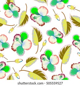Tropical floral seamless pattern with multicolor hibiscus flowers. Floral vector on a white background.