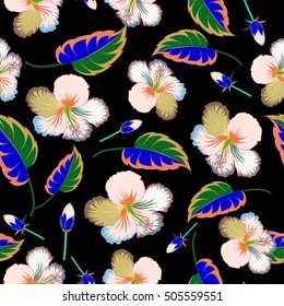 Tropical floral seamless pattern with multicolor hibiscus flowers. Floral vector on a black background.
