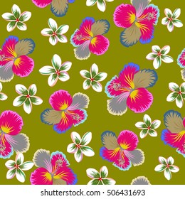 Tropical floral seamless pattern with multicolor plumeria and hibiscus flowers. Floral vector on a green background.