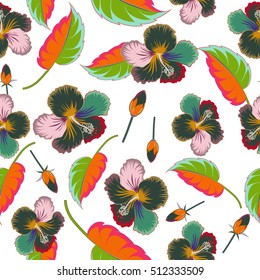 Tropical floral seamless pattern with multicolor hibiscus flowers, buds and leaves. Floral vector on a white background.