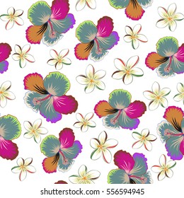 Tropical floral seamless pattern with multicolor hibiscus flowers, buds and leaves. Floral vector on a white background.