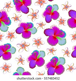 Tropical floral seamless pattern with multicolor hibiscus flowers, buds and leaves. Floral vector on a white background.