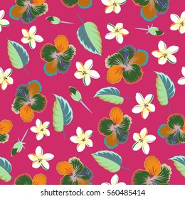Tropical floral seamless pattern with multicolor hibiscus flowers. Floral vector on a magenta background.