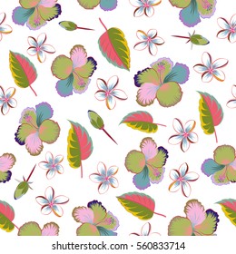Tropical floral seamless pattern with multicolor hibiscus flowers, buds and leaves. Floral vector on a white background.