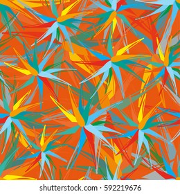 Tropical floral seamless pattern with multicolored geometric flowers on orange background.