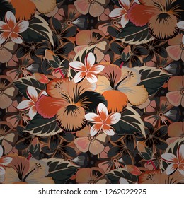 Tropical floral seamless pattern with orange, gray and beige hibiscus flowers. Vector illustration. Floral vector seamless pattern.