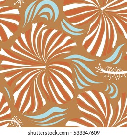 Tropical floral seamless pattern with orange and beige hibiscus flowers. Vector illustration. Floral vector seamless pattern.
