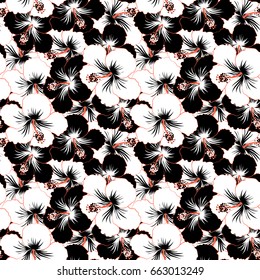 Tropical floral seamless pattern with orange, black and white hibiscus flowers. Vector illustration. Floral vector seamless pattern.